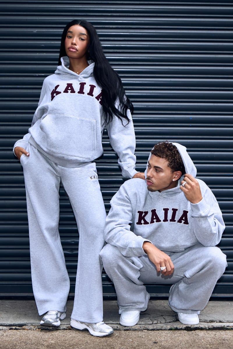 Kaiia Kaiia Slogan Wide Leg Joggers Mid Grey & Burgundy