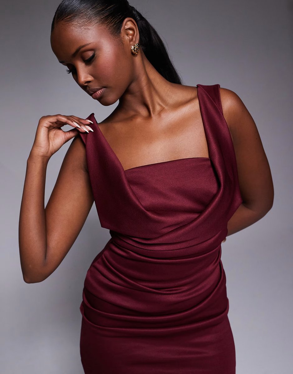 ASOS ASOS DESIGN square neck pleat bust midi pencil dress in burgundy - 3