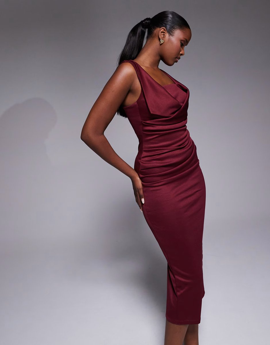 ASOS ASOS DESIGN square neck pleat bust midi pencil dress in burgundy - 4