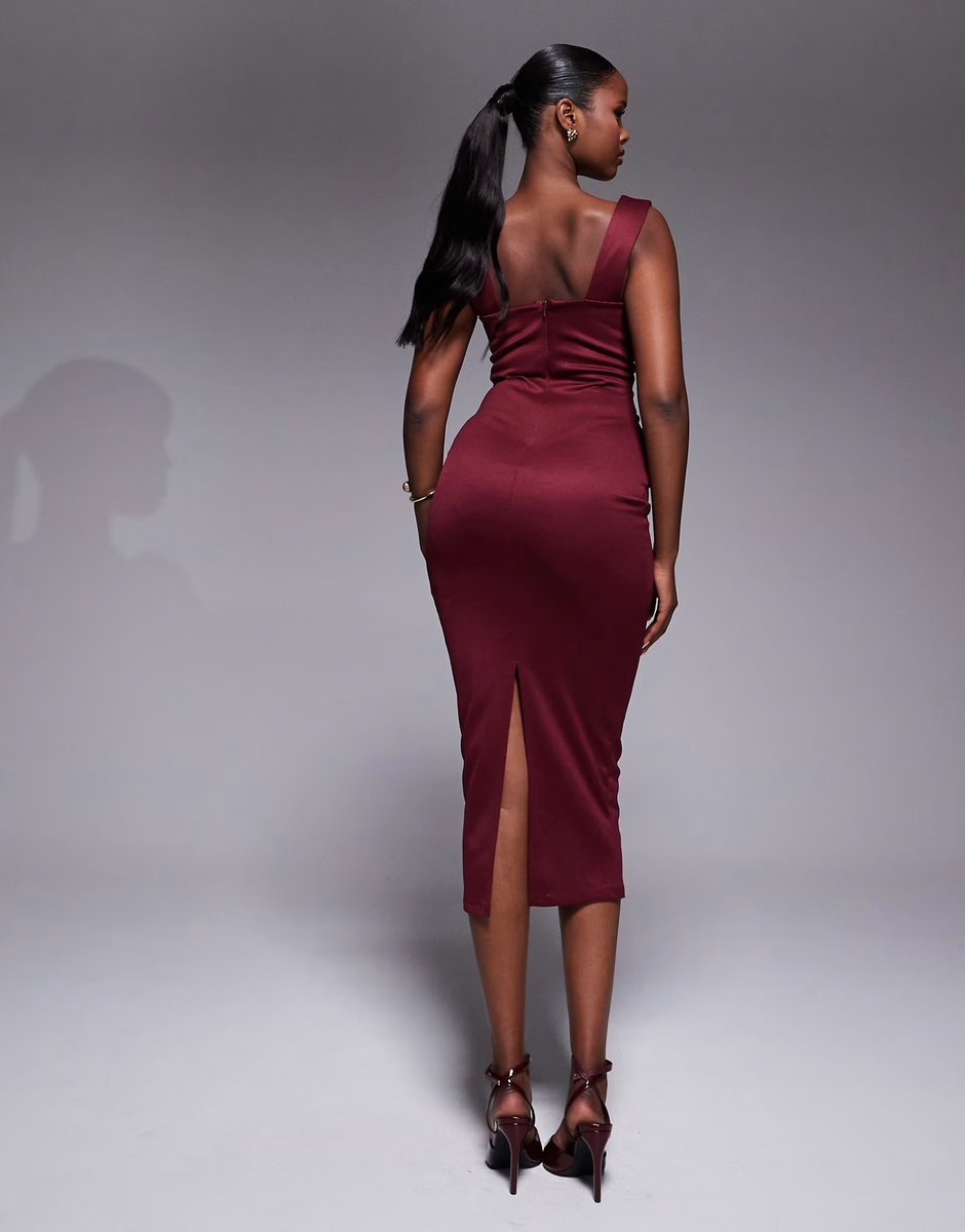 ASOS ASOS DESIGN square neck pleat bust midi pencil dress in burgundy - 5