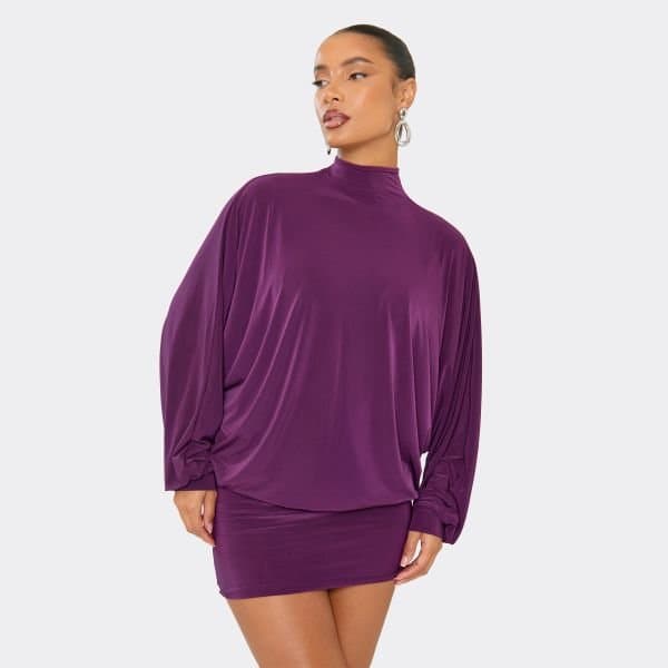 EGO High Neck Bat Wing Mini Dress In Purple, Women's Size UK 6
