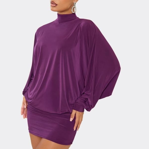 EGO High Neck Bat Wing Mini Dress In Purple, Women's Size UK 6 - 2