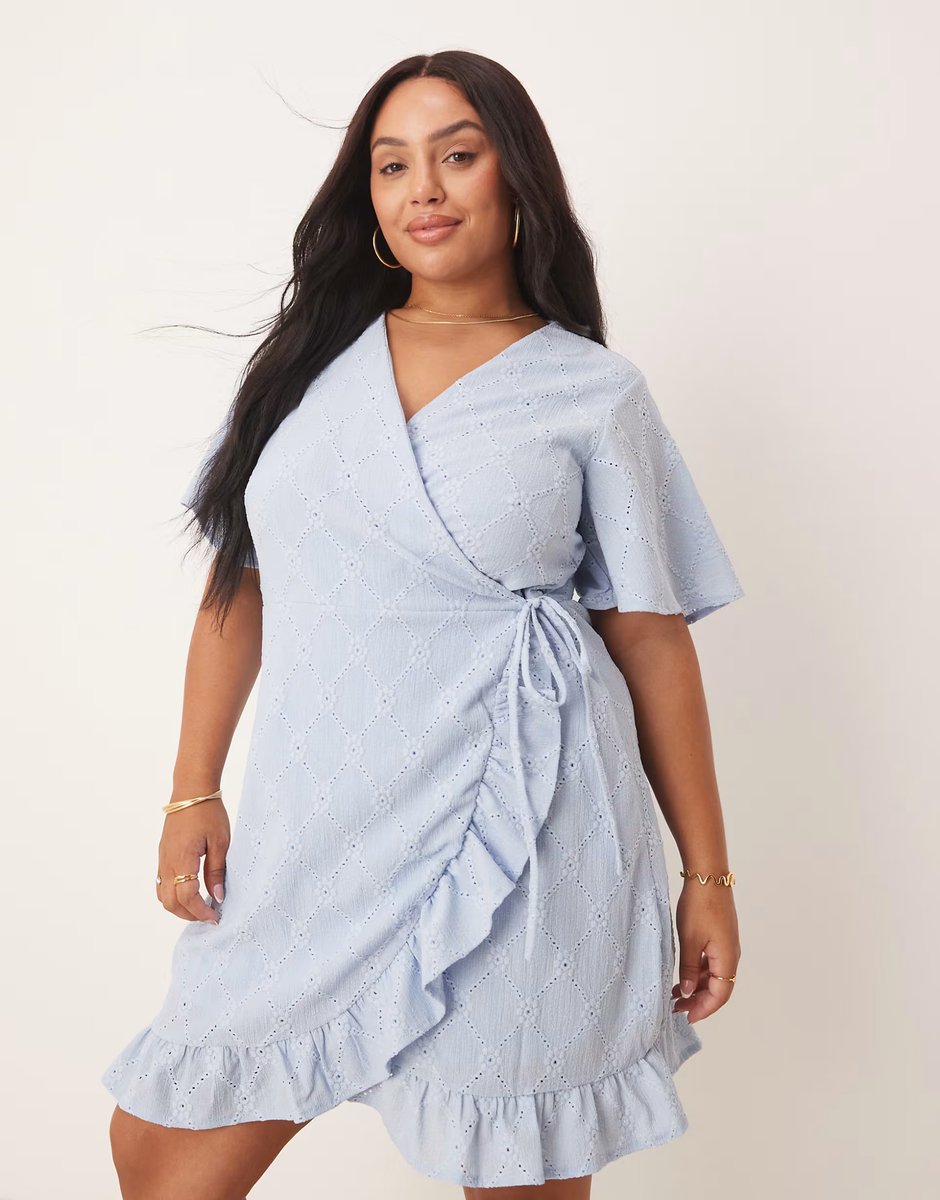 ASOS Vila Curve jersey broderie wrap mini dress in kentucky blue - 3
