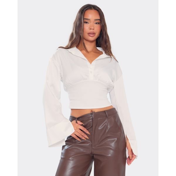 EGO Long Sleeve Cinched Waist Detail Shirt In White, Women's Size UK 6 - 2