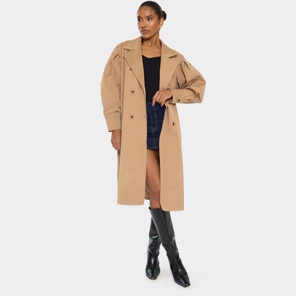 EGO EGO Double Breasted Belted Midi Trench Coat in Taupe