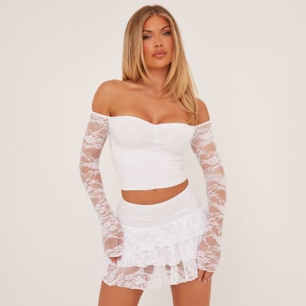 EGO EGO Bardot Lace Crop Top in Cream
