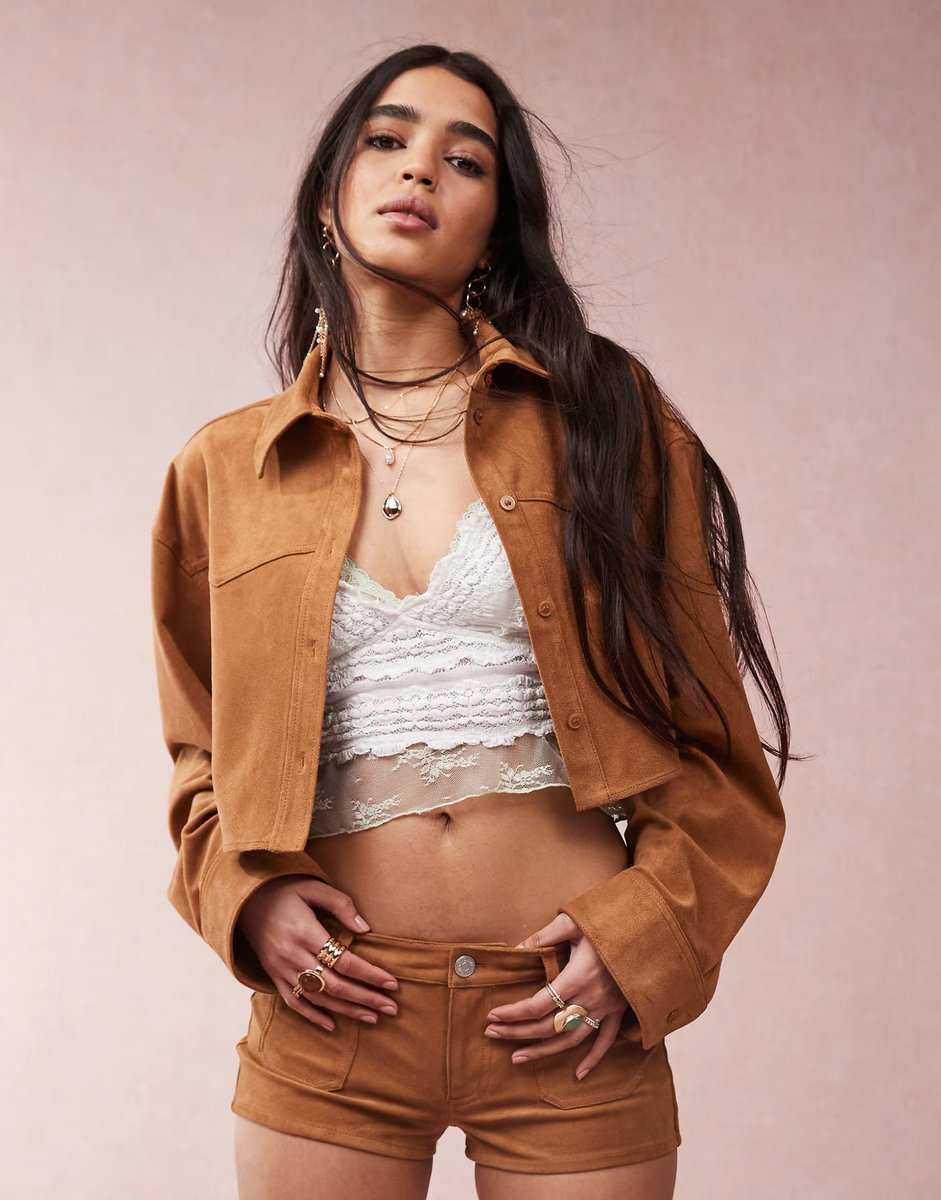 ASOS Monki co-ord faux suede shirt with western detail in tan - 1