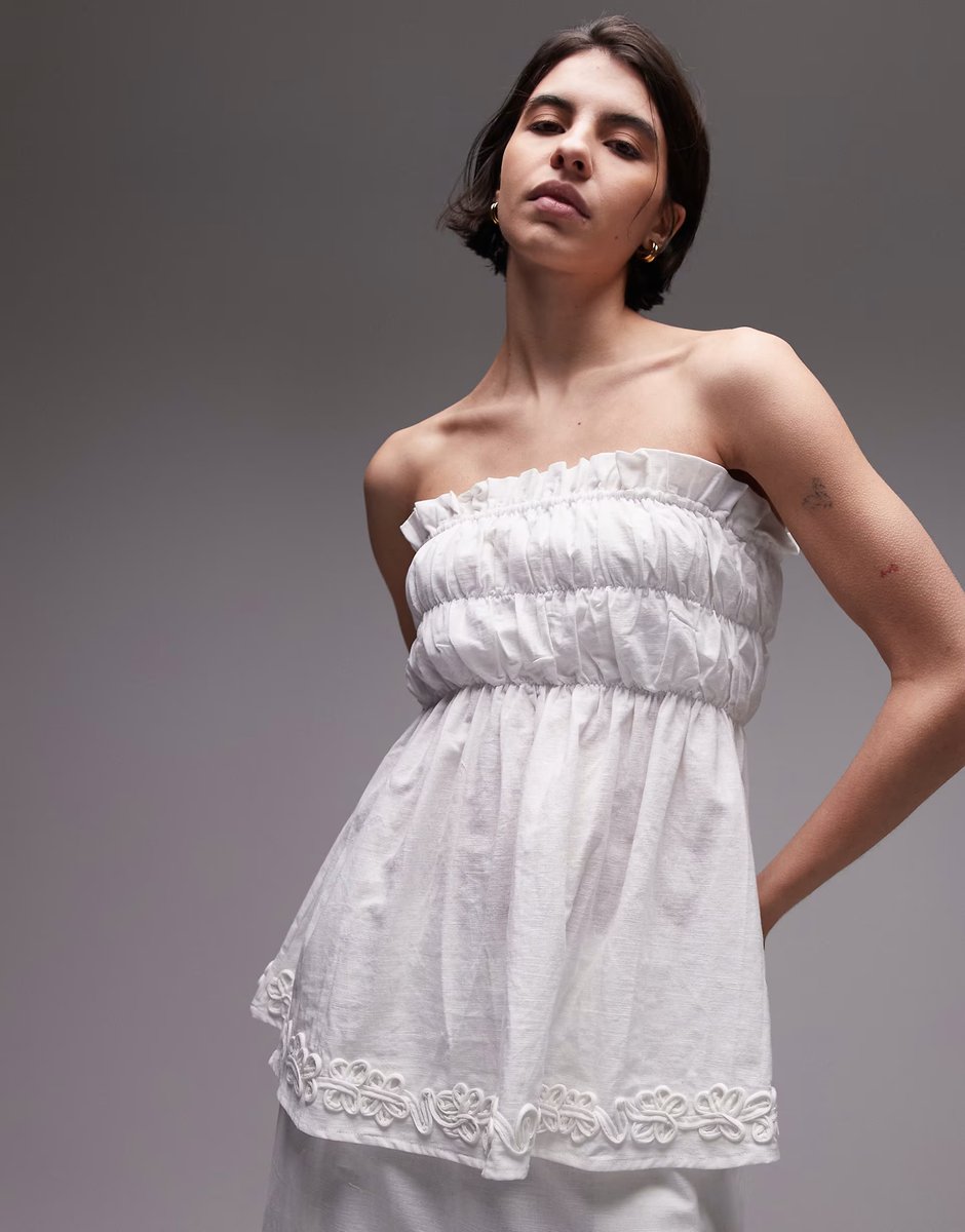 ASOS SNDYS linen blend flower applique ruched bandeau top & wide leg trousers co-ord in white - 2