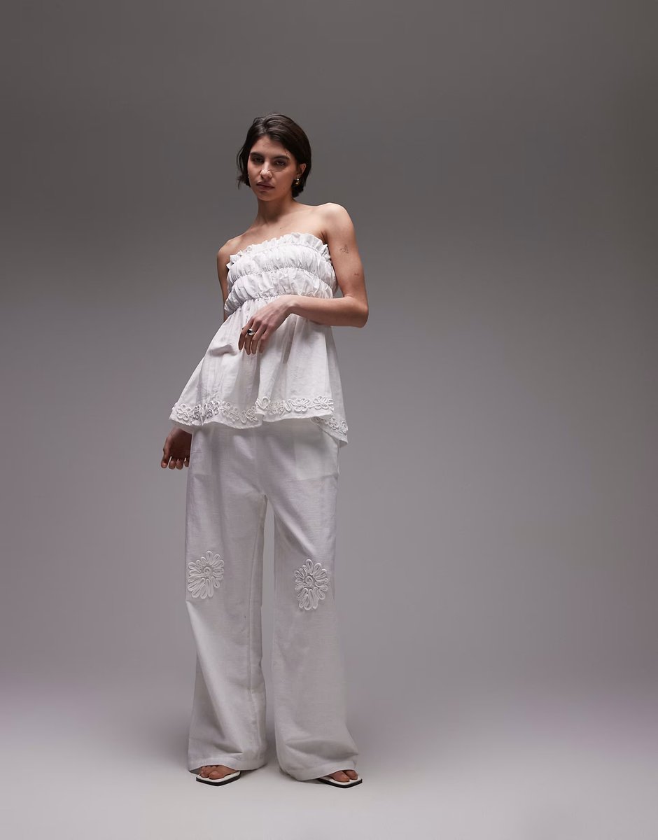 ASOS SNDYS linen blend flower applique ruched bandeau top & wide leg trousers co-ord in white - 3