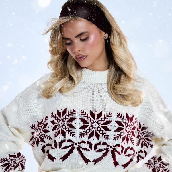 EGO Long Sleeve Bow Fairisle Detail Oversized Jumper In Cream Knit, Women's Size UK Small S - 1