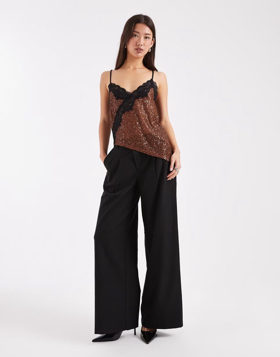 ASOS ASOS DESIGN asymmetric sequin cami with lace trim in brown - 2