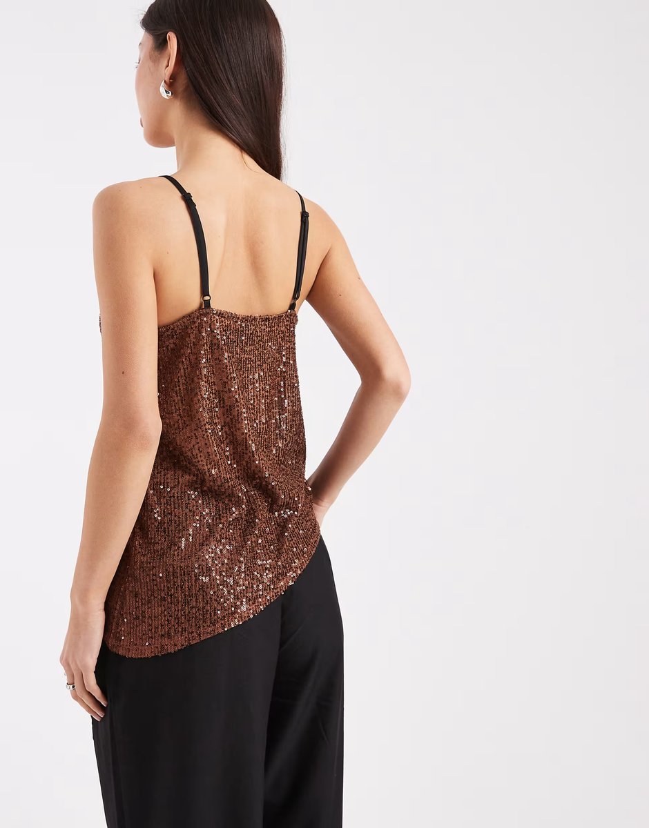 ASOS ASOS DESIGN asymmetric sequin cami with lace trim in brown - 4