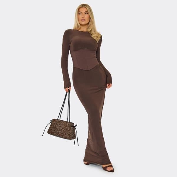 EGO Long Sleeve Corset Detail Fitted Maxi Dress In Chocolate Brown Slinky, Women's Size UK 8