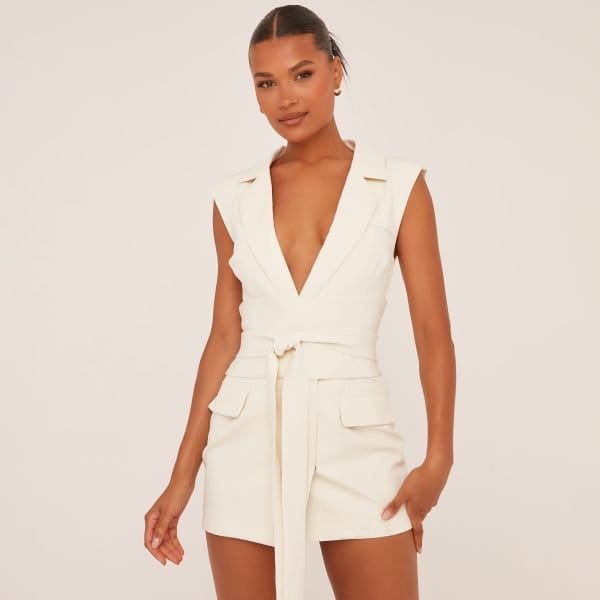 EGO Sleeveless Belted Waist Tailored Mini Dress In Cream Woven, Women's Size UK 6 - 1