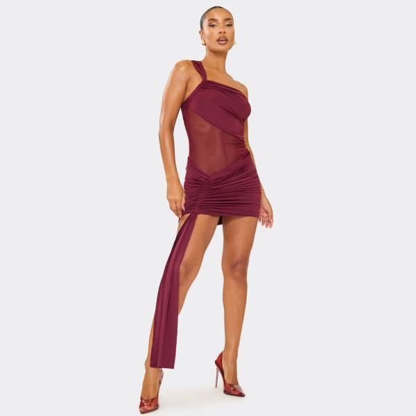 EGO One Shoulder Sheer Panel Ruched Drape Hem Detail Mini Dress In Burgundy, Women's Size UK 6