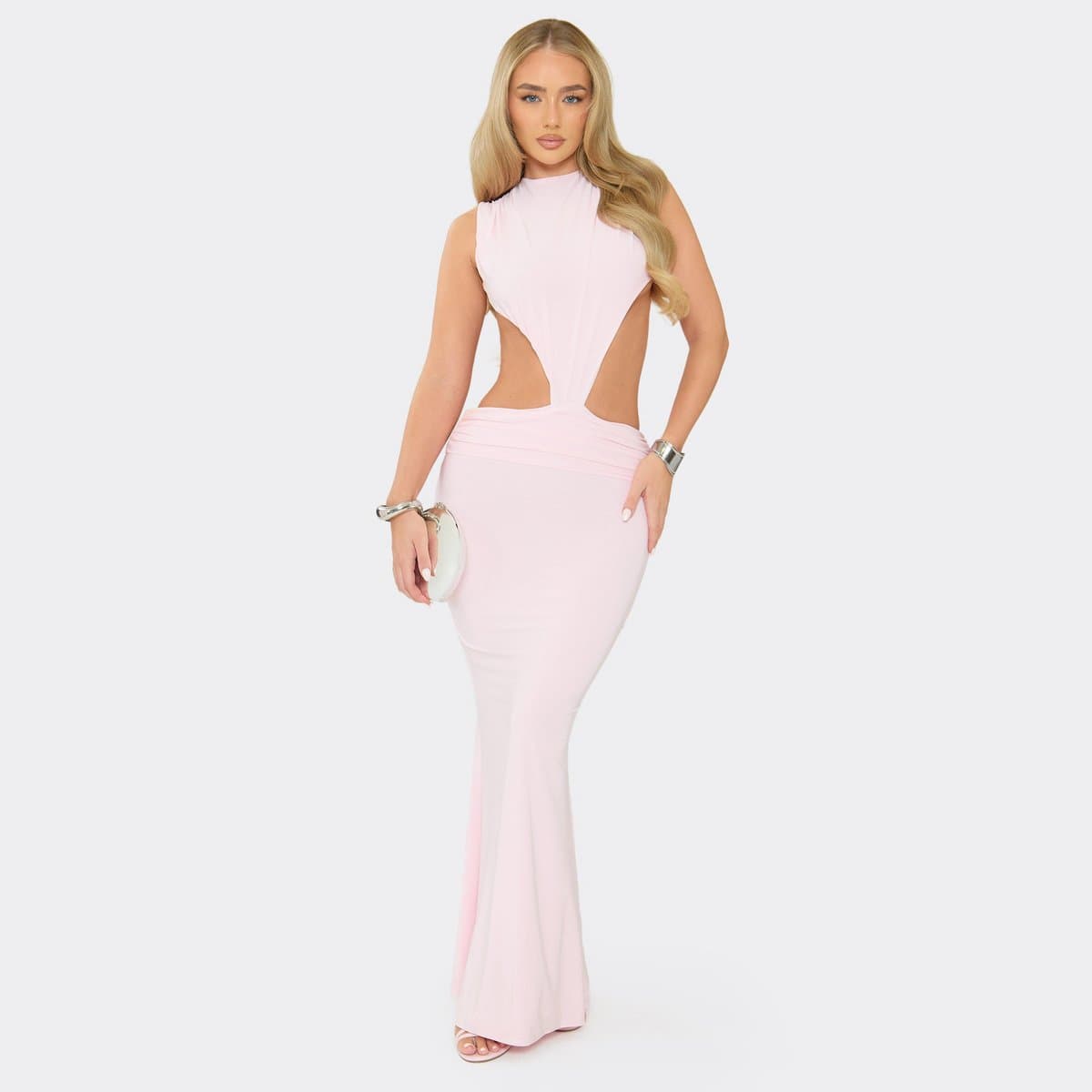 EGO Sleeveless Cut Out Open Back Detail Ruched Maxi Dress In Baby Pink, Women's Size UK 6