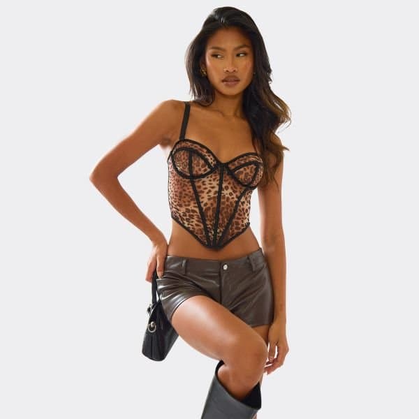 EGO Strappy Underwire Pointed Hem Detail Corset Top In Multi Leopard Print, Women's Size UK 6