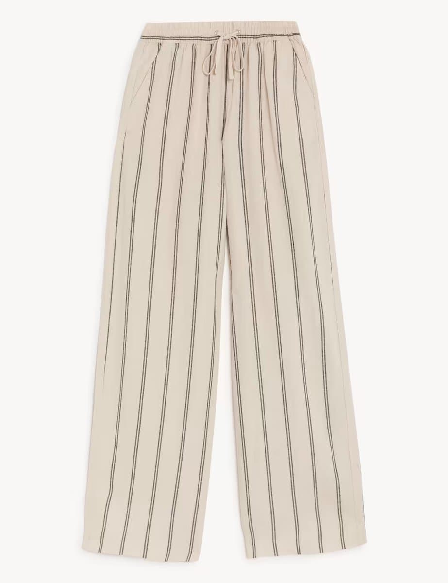 Marks & Spencer M&S Linen Rich Striped Wide Leg Trousers Ivory Mix