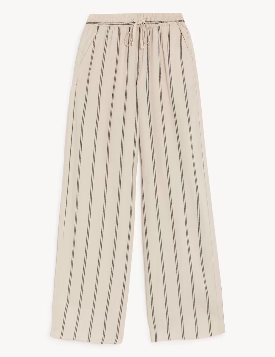 Marks & Spencer M&S Linen Rich Striped Wide Leg Trousers Ivory Mix - 2