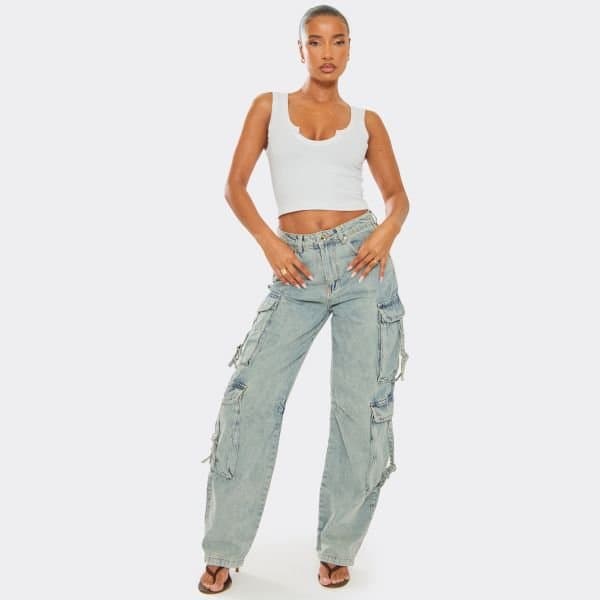 EGO Mid Rise Pocket Detail Cargo Wide Leg Jeans In Acid Wash Blue Denim, Women's Size UK Small S