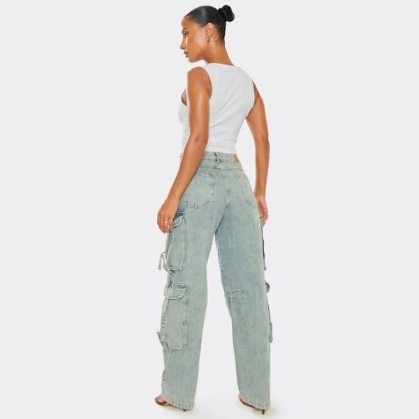 EGO Mid Rise Pocket Detail Cargo Wide Leg Jeans In Acid Wash Blue Denim, Women's Size UK Small S - 2