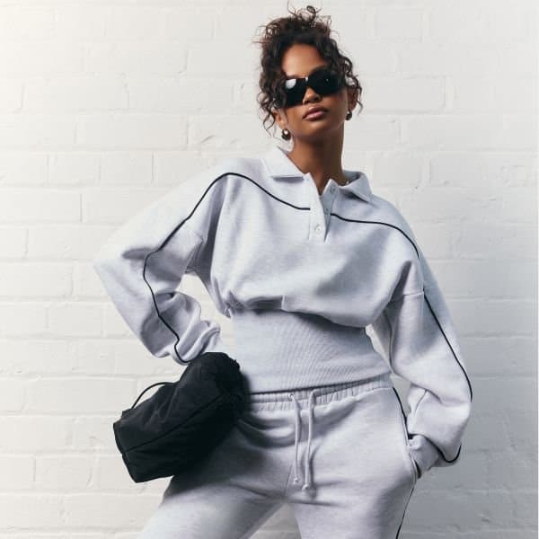 EGO Contrast Piping Detail Button Front Cinched Waist Collared Sweatshirt In Light Grey Marl, Women's Size UK 10