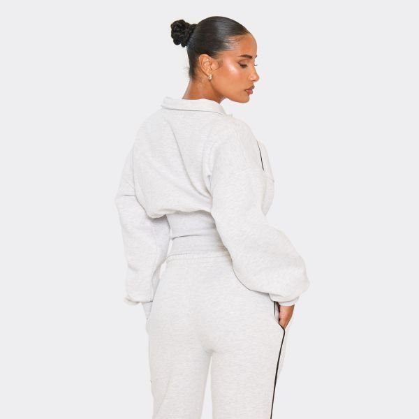 EGO Contrast Piping Detail Button Front Cinched Waist Collared Sweatshirt In Light Grey Marl, Women's Size UK 10 - 2