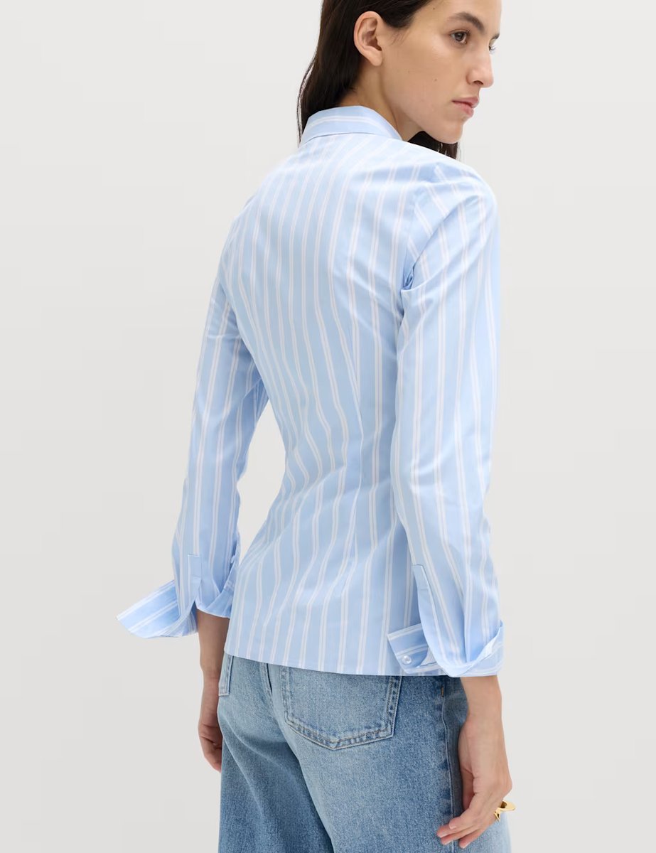 Marks & Spencer M&S Cotton Rich Striped Collared Fitted Shirt Blue Mix - 4