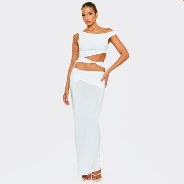 EGO Mid Rise Ruched Detail Maxi Skirt In White, Women's Size UK 8