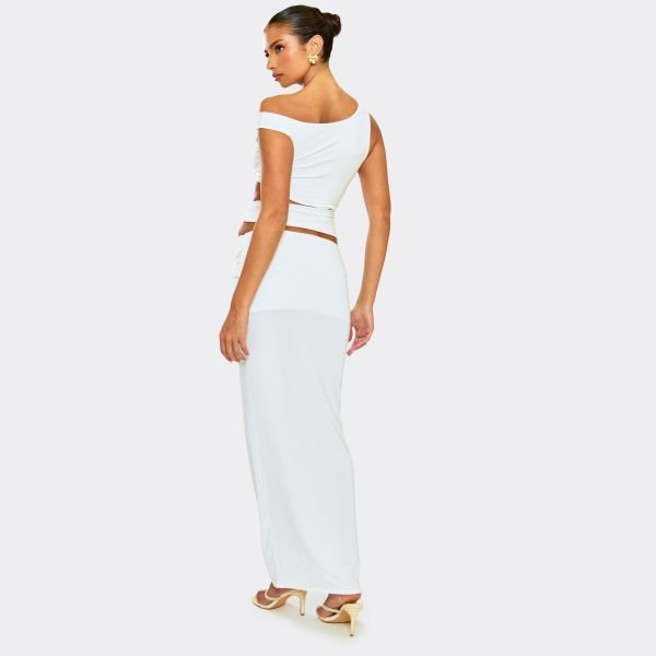 EGO Mid Rise Ruched Detail Maxi Skirt In White, Women's Size UK 8 - 2
