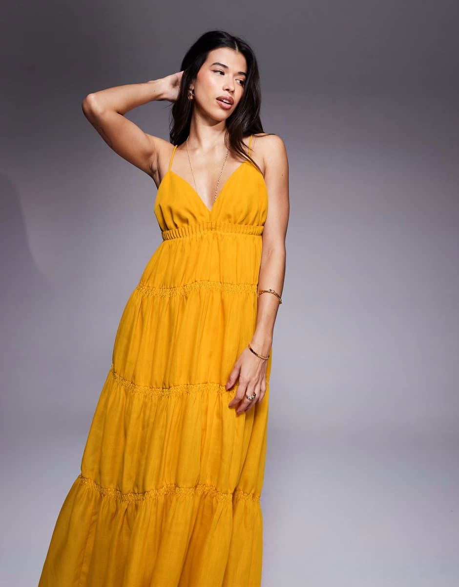 ASOS ASOS DESIGN tiered cami maxi dress with ruching details and volume skirt in mustard