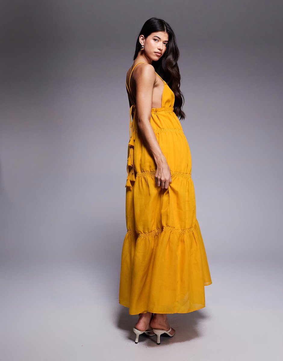 ASOS ASOS DESIGN tiered cami maxi dress with ruching details and volume skirt in mustard - 3