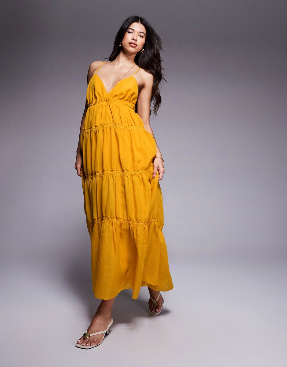 ASOS ASOS DESIGN tiered cami maxi dress with ruching details and volume skirt in mustard - 4