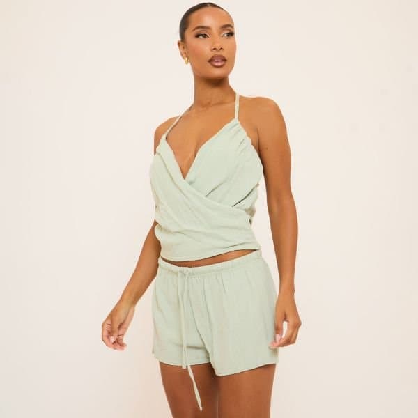 EGO EGO Strappy Wrap Front Detail Top in Green Linen