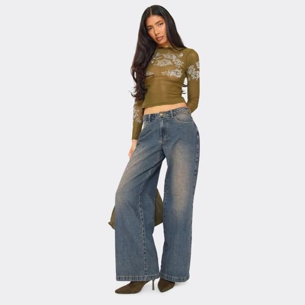 EGO Low Rise Button Detail Boyfriend Jeans In Vintage Blue Denim, Women's Size UK 6 - 1