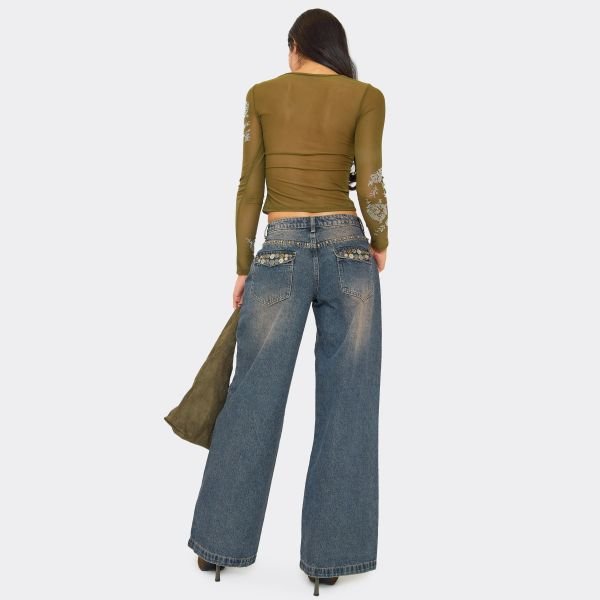 EGO Low Rise Button Detail Boyfriend Jeans In Vintage Blue Denim, Women's Size UK 6 - 2