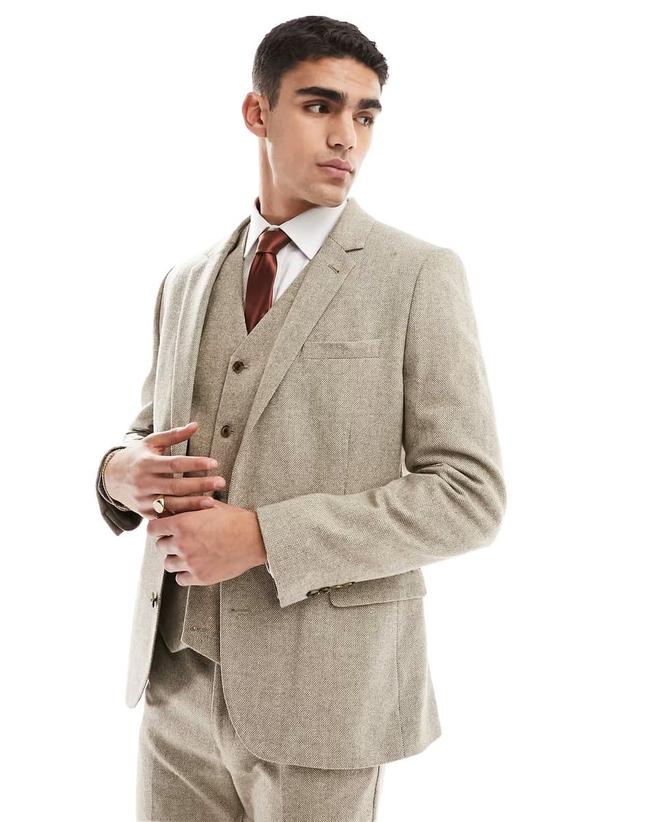 ASOS ASOS DESIGN slim suit jacket in wool mix texture in neutral