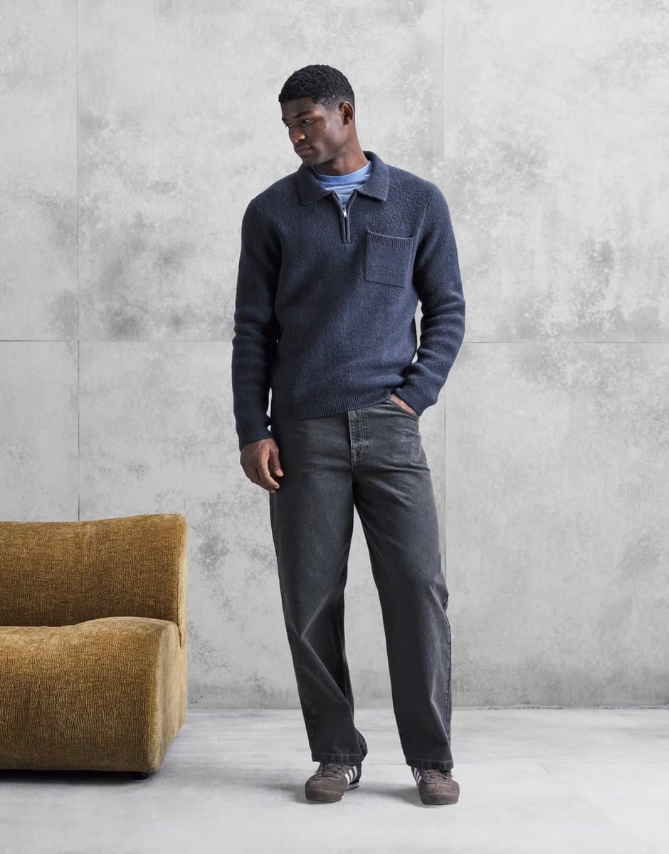 ASOS New Look quarter zip knitted polo jumper in navy