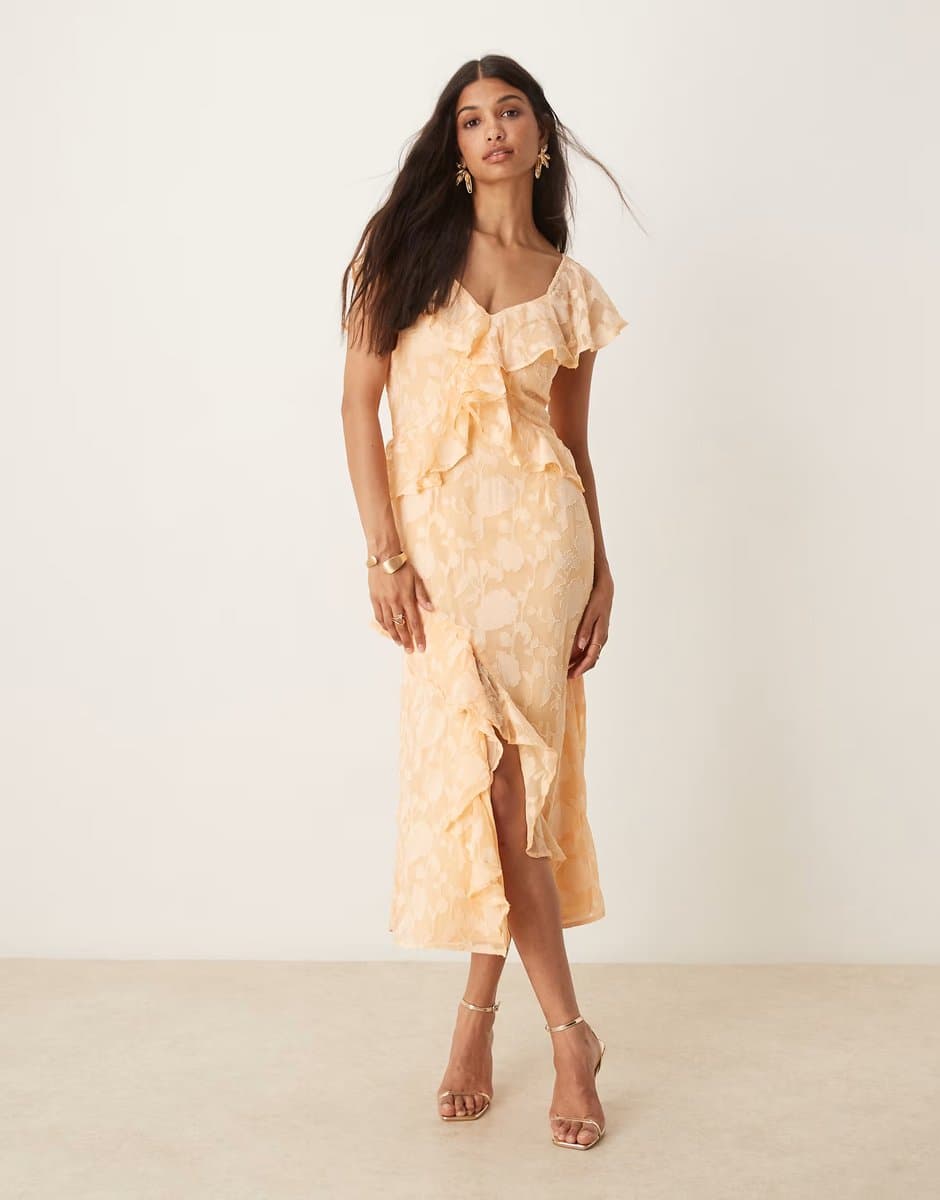 ASOS Pretty Lavish ruffle jacquard midaxi dress in apricot