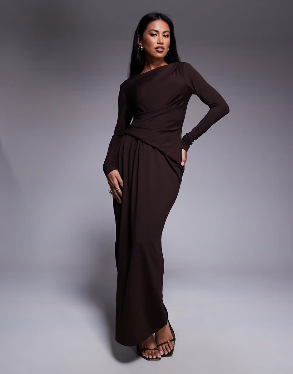 ASOS ASOS DESIGN soft touch long sleeve drape maxi dress in chocolate