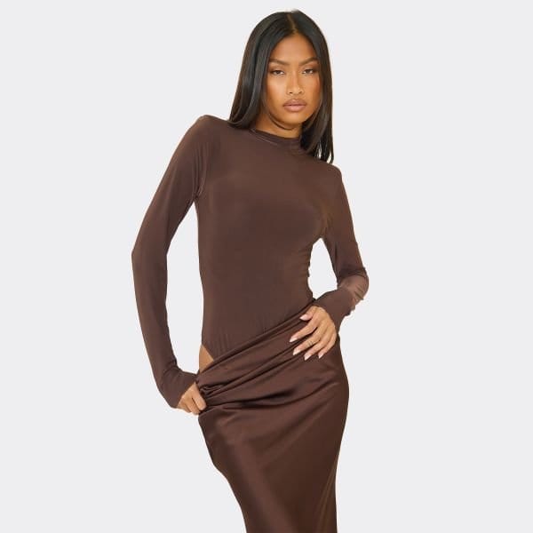 EGO High Neck Shoulder Pad Detail Bodysuit In Chocolate Brown, Women's Size UK 6 - 1