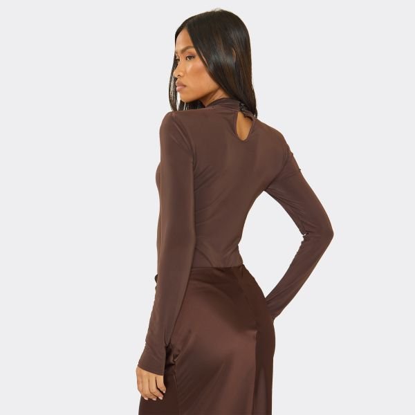 EGO High Neck Shoulder Pad Detail Bodysuit In Chocolate Brown, Women's Size UK 6 - 2