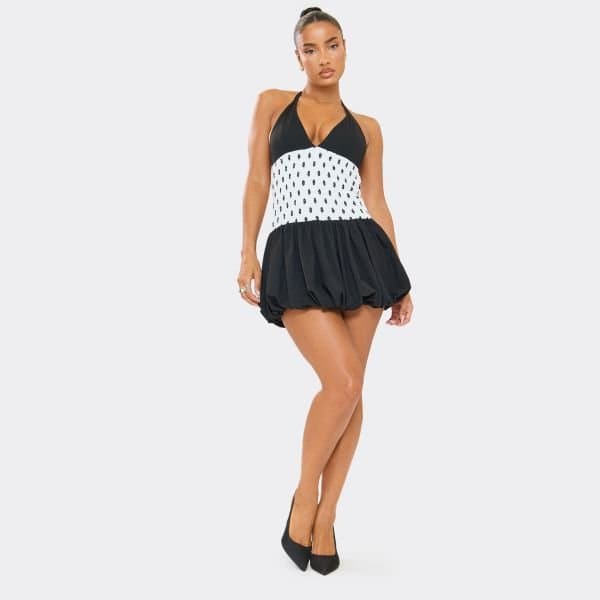 EGO Halterneck Contrast Puffball Mini Dress In Black Polka Dot, Women's Size UK Large L
