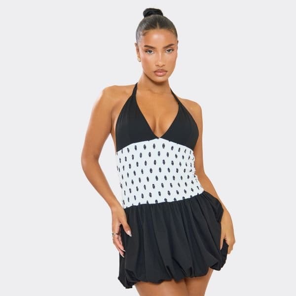 EGO Halterneck Contrast Puffball Mini Dress In Black Polka Dot, Women's Size UK Large L - 2