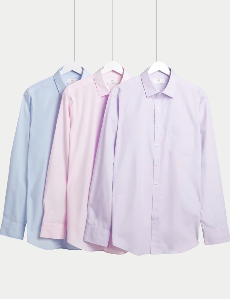 Marks & Spencer M&S 3 Pack Slim Fit Easy Iron Cotton Blend Shirts Lilac Mix