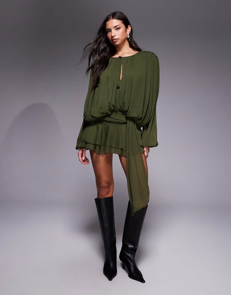 ASOS Lioness Elements chiffon drape detail balloon sleeve tie waist mini dress in khaki