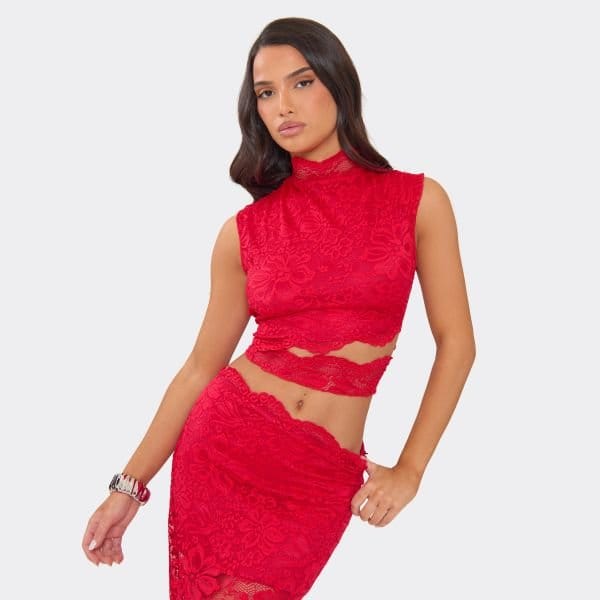 EGO High Neck Cut Out Detail Top In Red Lace, Women's Size UK 6 - 1