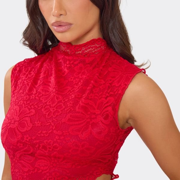 EGO High Neck Cut Out Detail Top In Red Lace, Women's Size UK 6 - 2