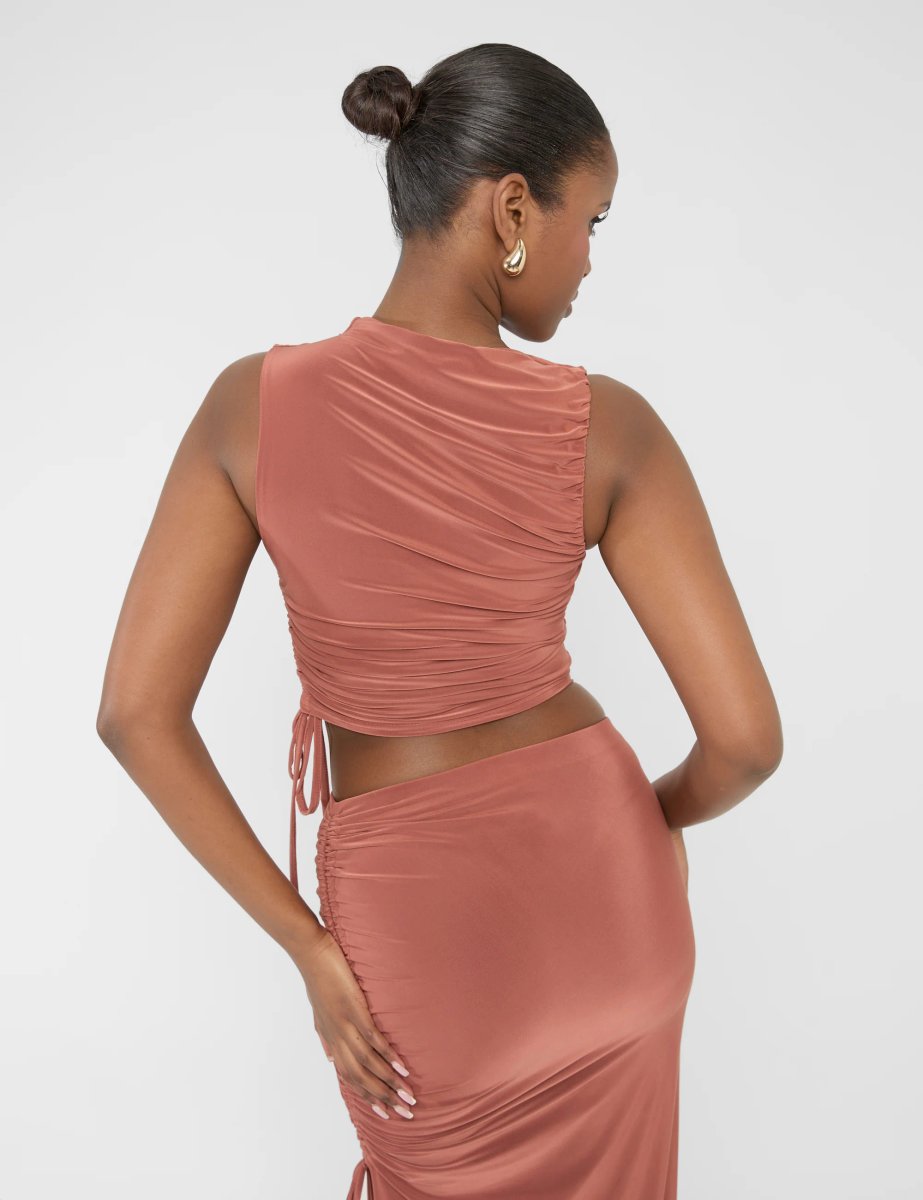 Public Desire Ruched Detail Slinky High Neck Crop Top Rust - 2