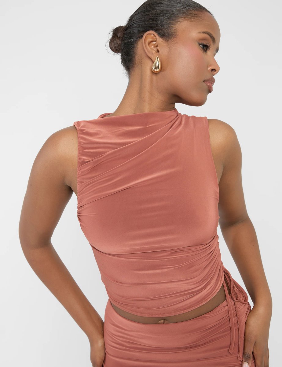 Public Desire Ruched Detail Slinky High Neck Crop Top Rust - 3